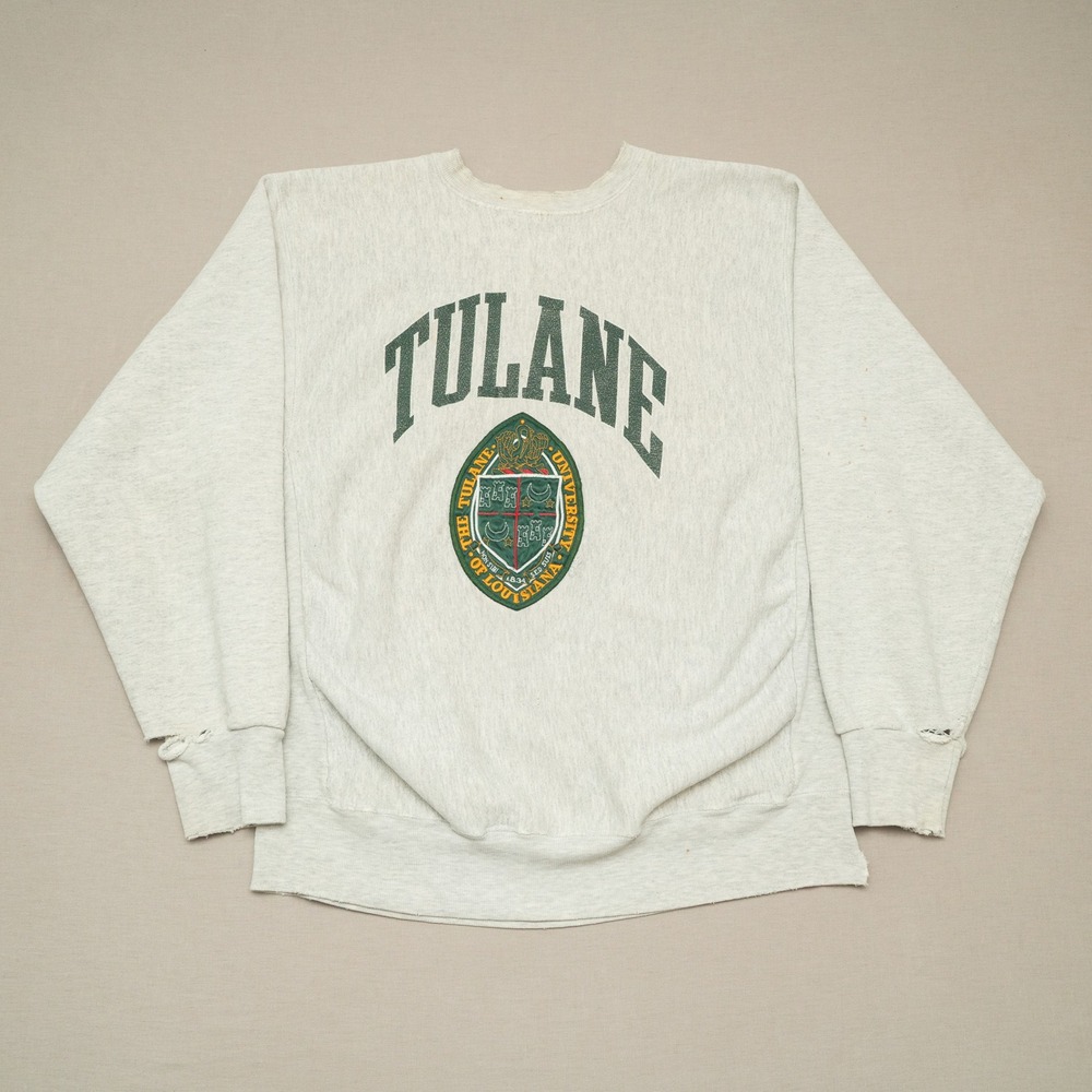 Vintage 80s Cable Sweatshirt Tulane University Louisiana Gray Weave Thrashed XL